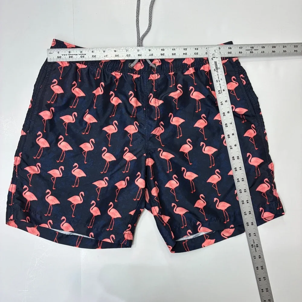Maamgic Mens Flamingo Print Swim Trunks Navy Blue Pink Mesh Lined Shorts Small‎